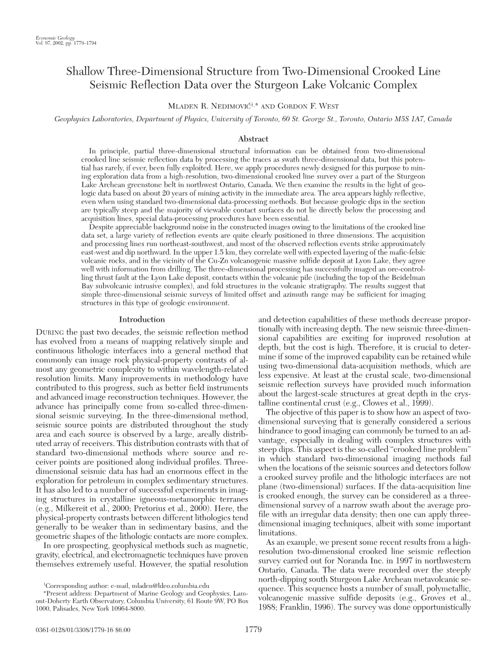 Shallow Three-Dimensional Structure from Two-Dimensional Crooked Line Seismic Reflection Data Over the Sturgeon Lake Volcanic Complex