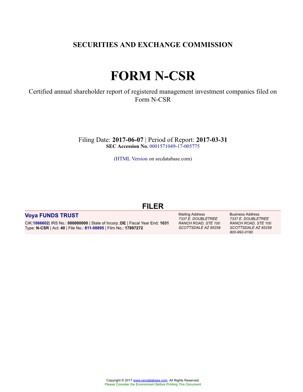 Voya FUNDS TRUST Form N-CSR Filed 2017-06-07