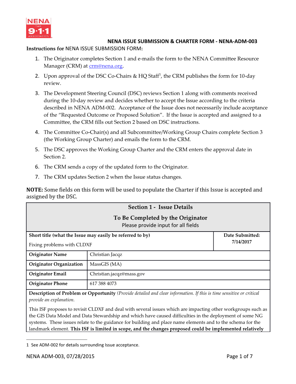 Instructions for NENA ISSUE SUBMISSION FORM s1