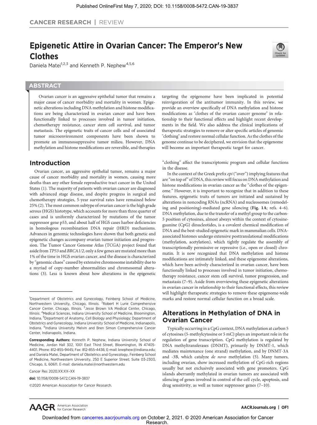 Epigenetic Attire in Ovarian Cancer: the Emperor's New Clothes Daniela Matei1,2,3 and Kenneth P