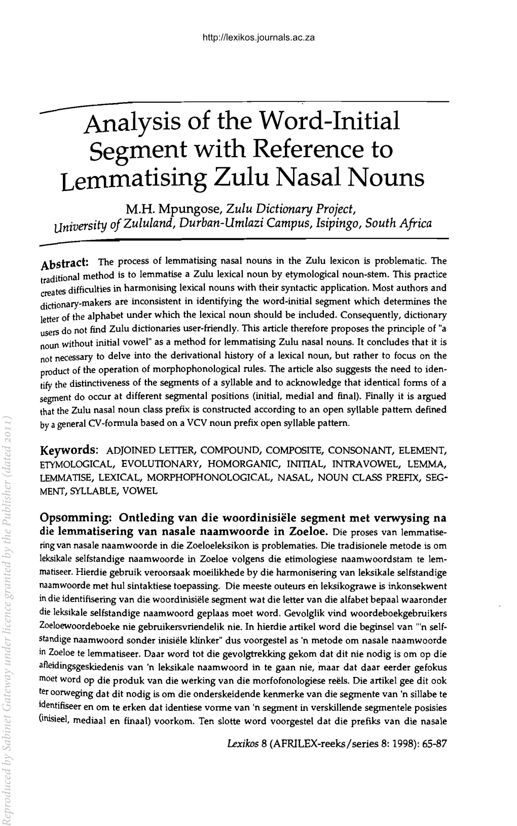 Analysis of the Word-Initial Segment with Reference to Lemmatising Zulu Nasal Nouns M.H