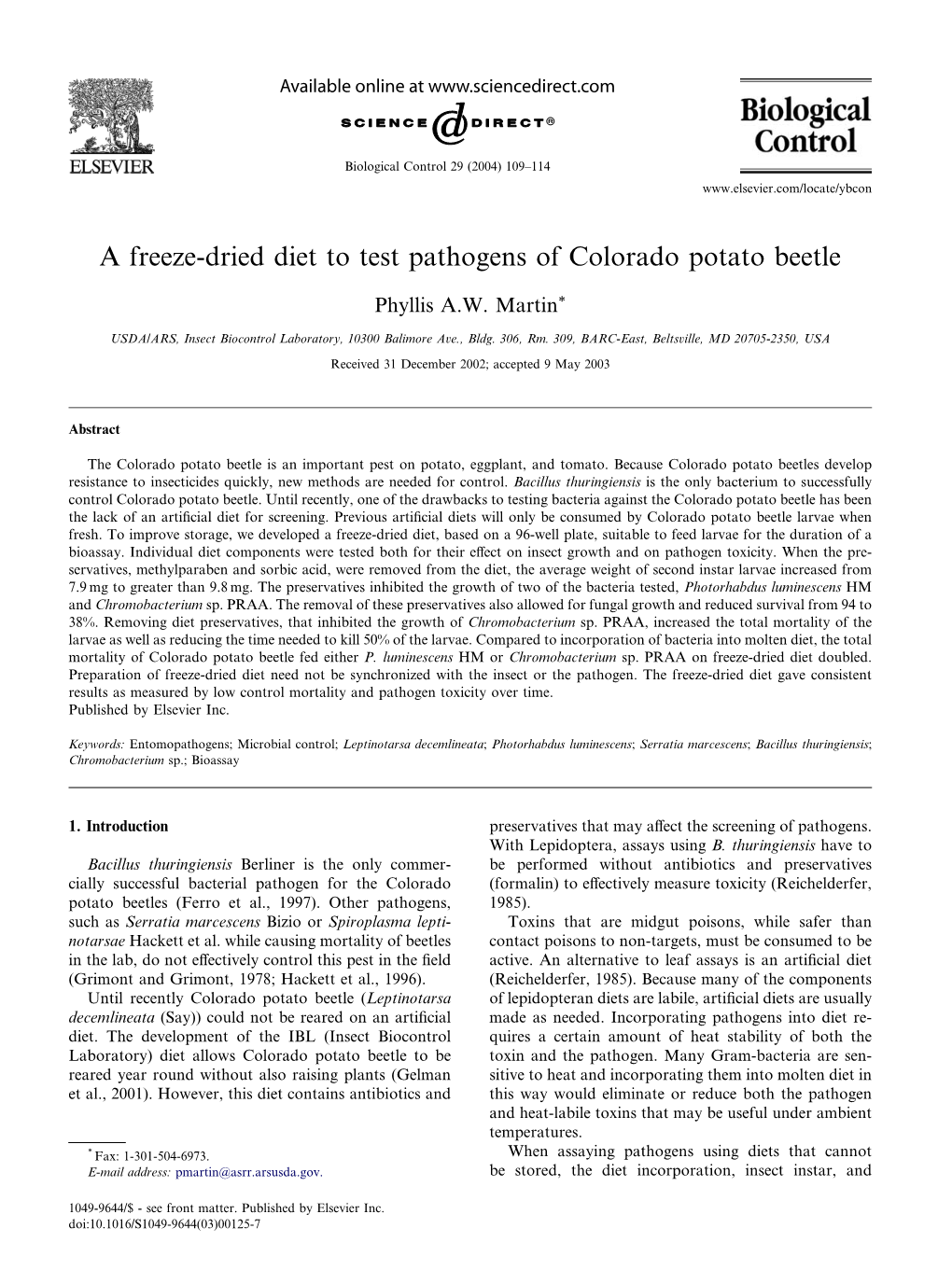 A Freeze-Dried Diet to Test Pathogens of Colorado Potato Beetle