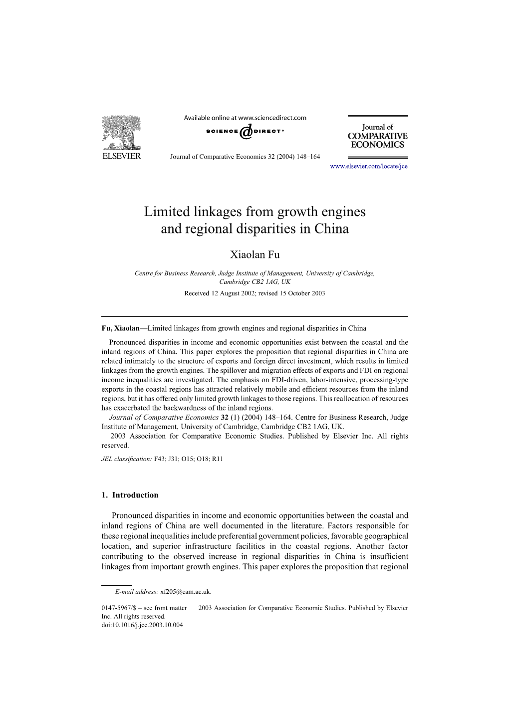 Limited Linkages from Growth Engines and Regional Disparities in China