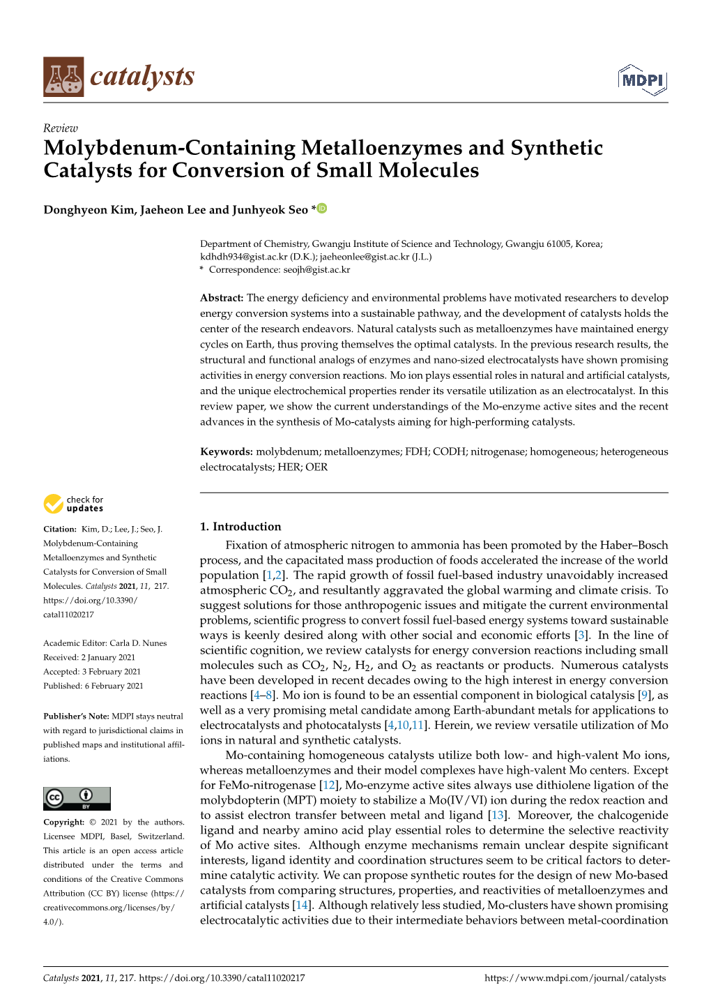 Molybdenum-Containing Metalloenzymes and Synthetic Catalysts for Conversion of Small Molecules