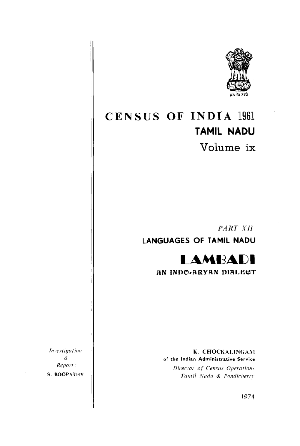 Languages of Tamil Nadu Lambadi an Indo-Aryan Dialect, Part XII, Vol-IX