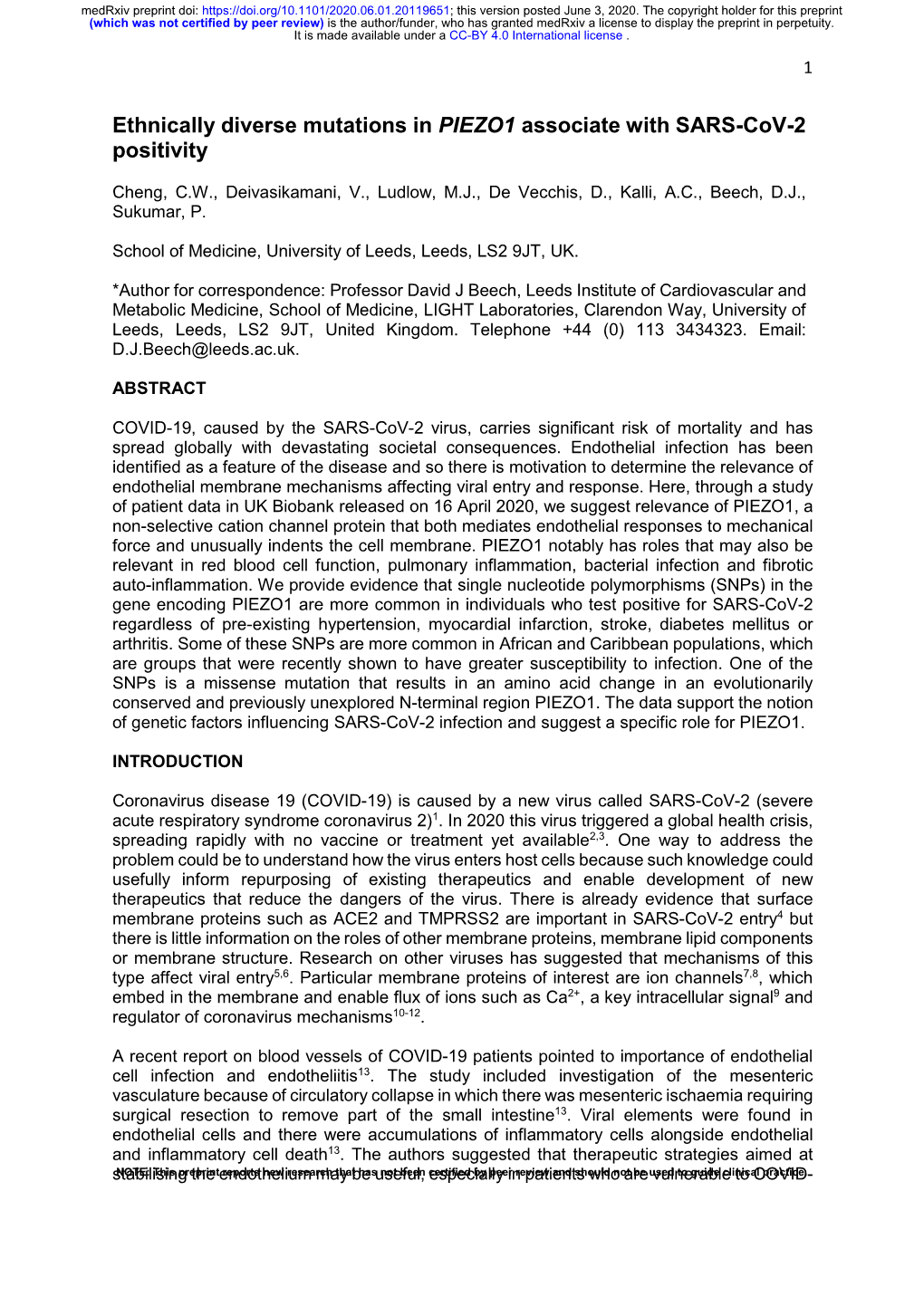 Ethnically Diverse Mutations in PIEZO1 Associate with SARS-Cov-2 Positivity