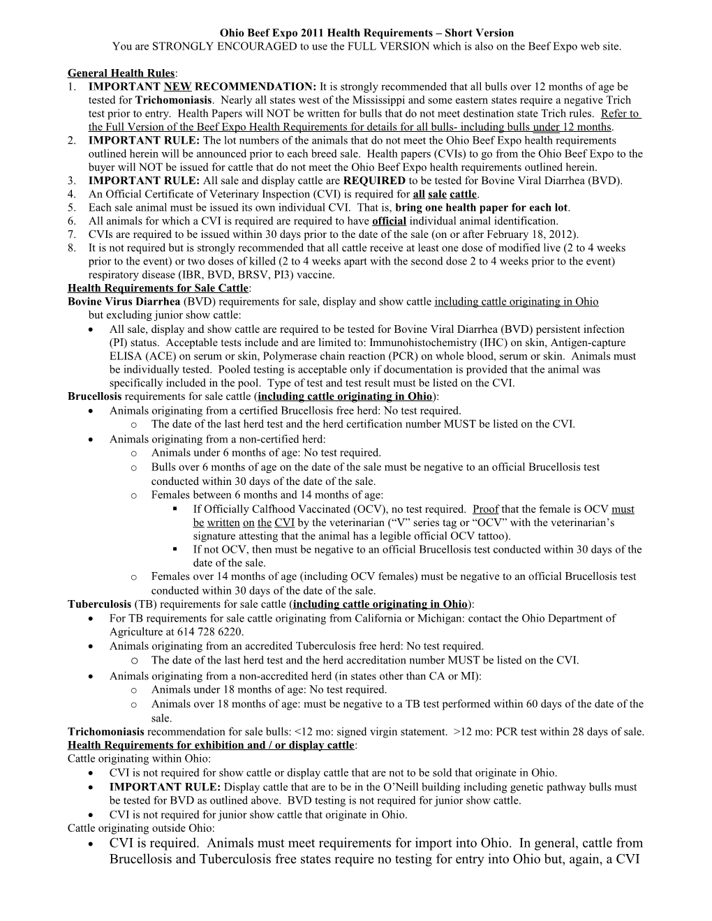 Ohio Beef Expo 2011 Health Requirements Short Version