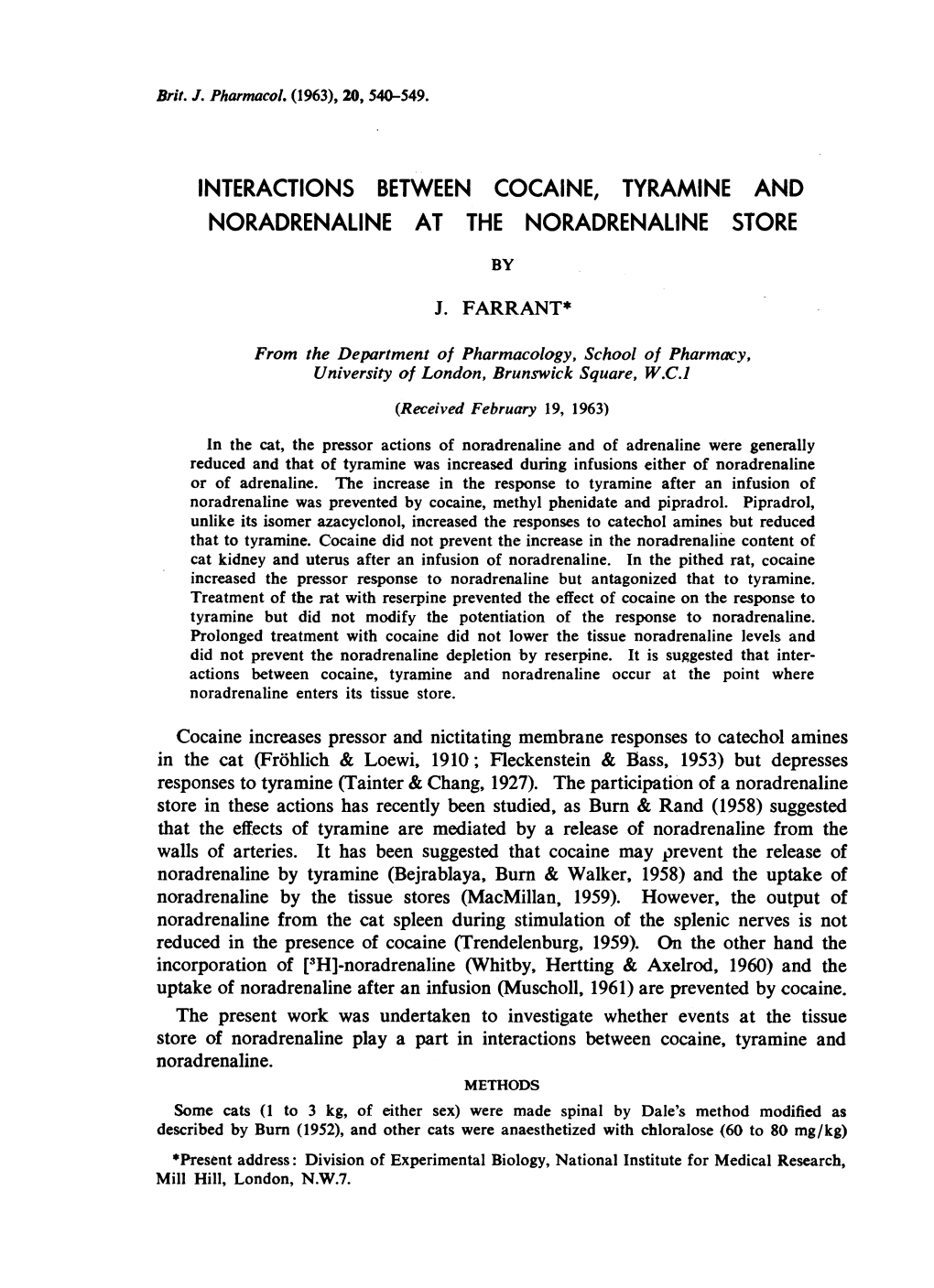 Interactions Between Cocaine, Tyramine and Noradrenaline at the Noradrenaline Store by J