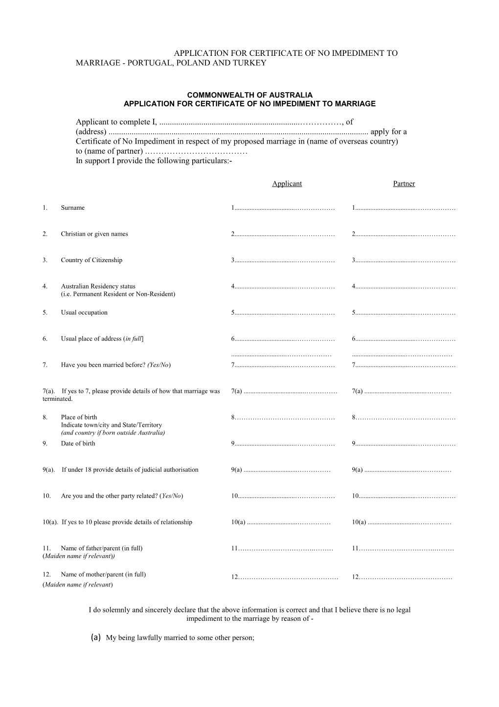 Application for Certificate of No Impediment to Marriage - Portugal, Poland and Turkey