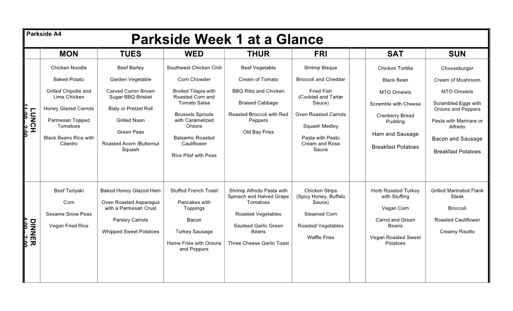 Parkside Week 1 at a Glance MON TUES WED THUR FRI SAT SUN