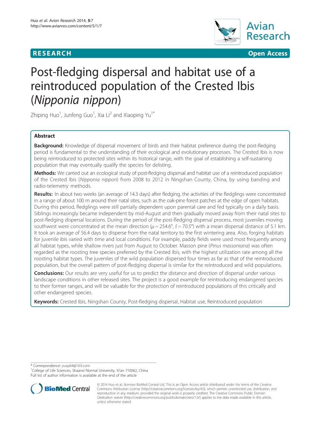 Post-Fledging Dispersal and Habitat Use of a Reintroduced Population of the Crested Ibis (Nipponia Nippon) Zhiping Huo1, Junfeng Guo1, Xia Li2 and Xiaoping Yu1*