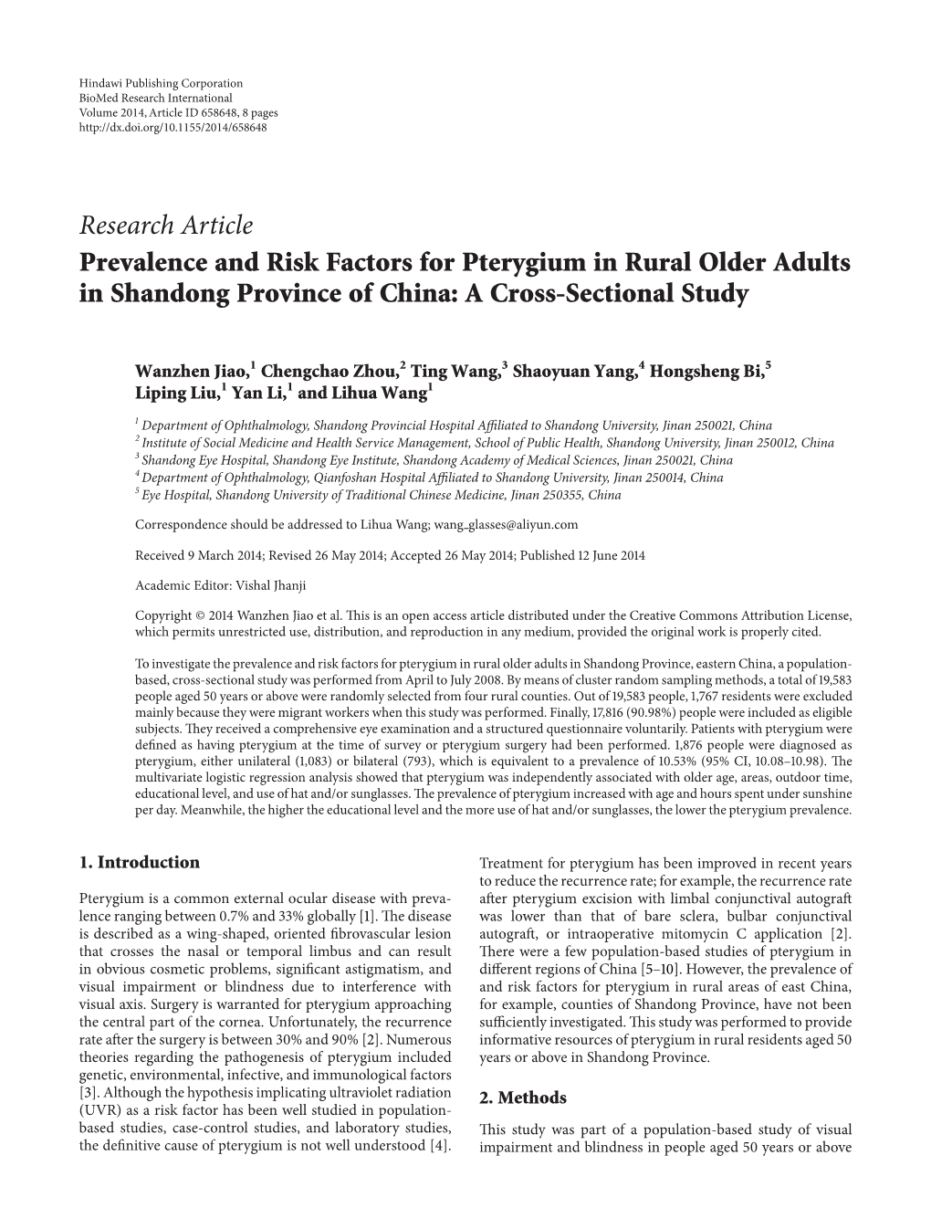 Prevalence and Risk Factors for Pterygium in Rural Older Adults in Shandong Province of China: a Cross-Sectional Study