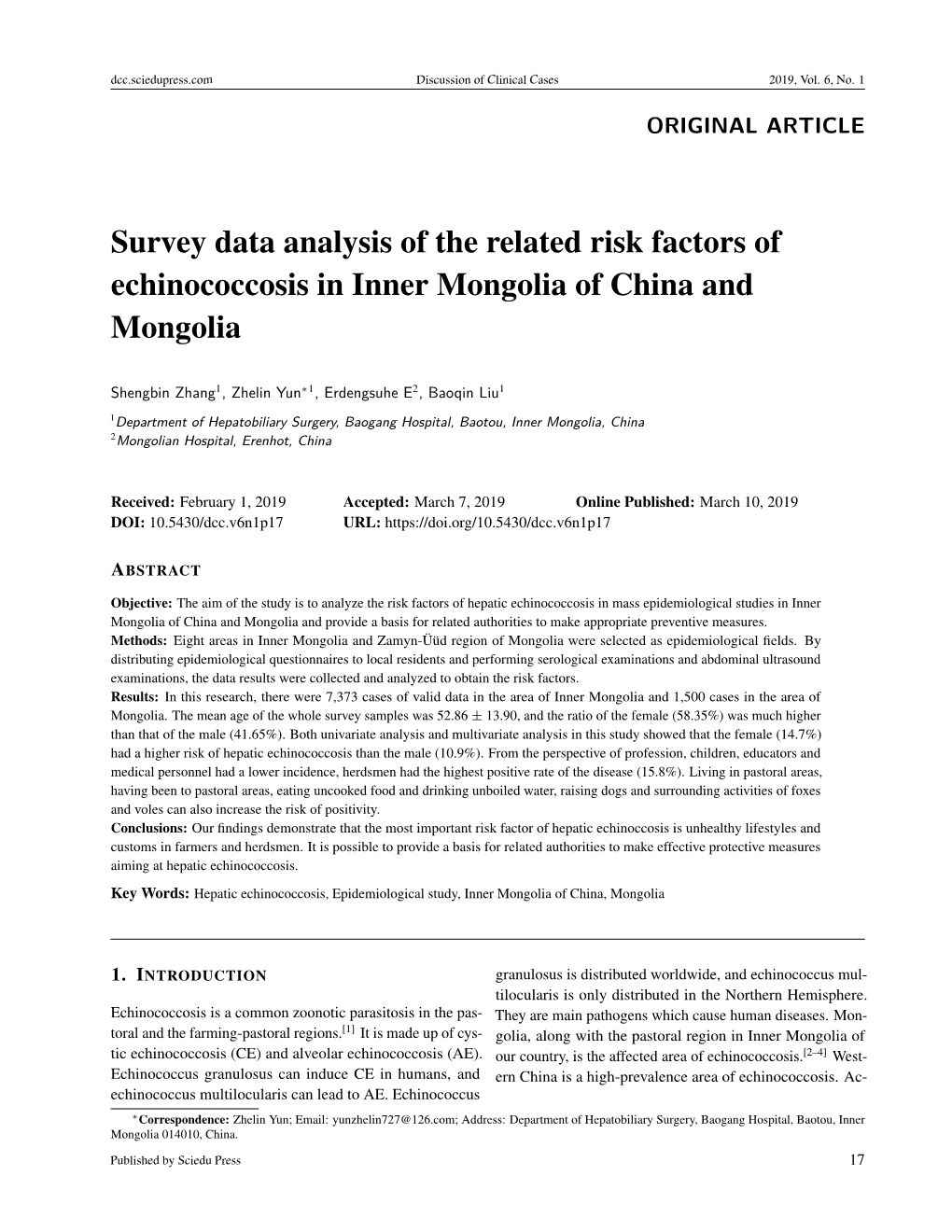 Survey Data Analysis of the Related Risk Factors of Echinococcosis in Inner Mongolia of China and Mongolia