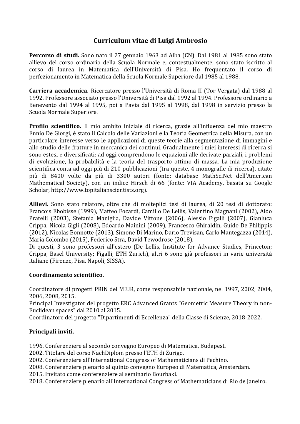 Curriculum Vitae Di Luigi Ambrosio