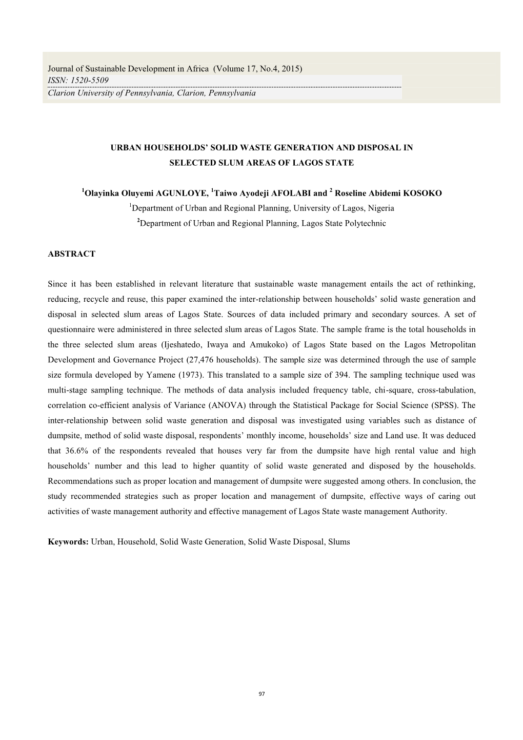 Urban Households' Solid Waste Generation And