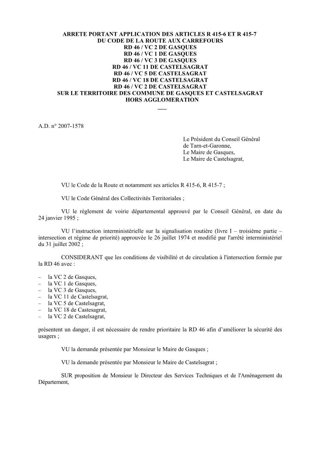 Communes De Gasques Et Castelsagrat, Sous Contrôle De La Subdivision Départementale De Valence D'agen