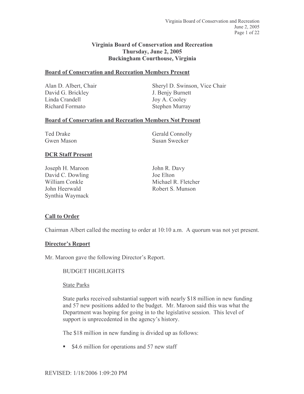 1/18/2006 1:09:20 PM Virginia Board of Conservation and Recreation June 2, 2005 Page 2 of 22