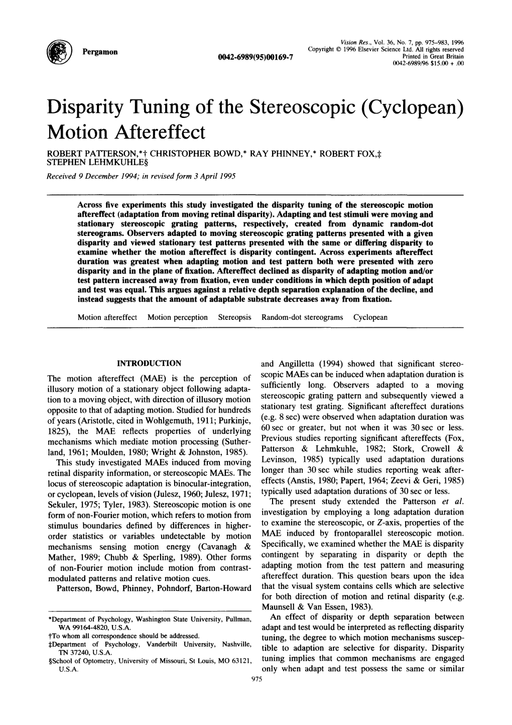 Disparity Tuning of the Stereoscopic