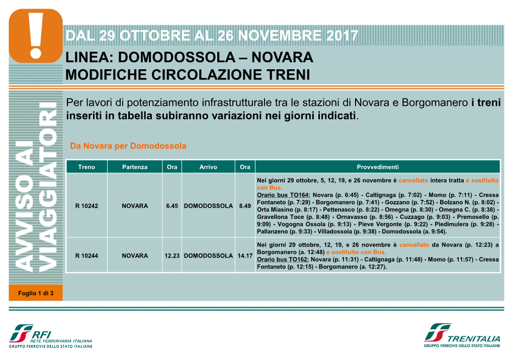 Dal 29 Ottobre Al 26 Novembre 2017 Linea: Domodossola – Novara Modifiche Circolazione Treni