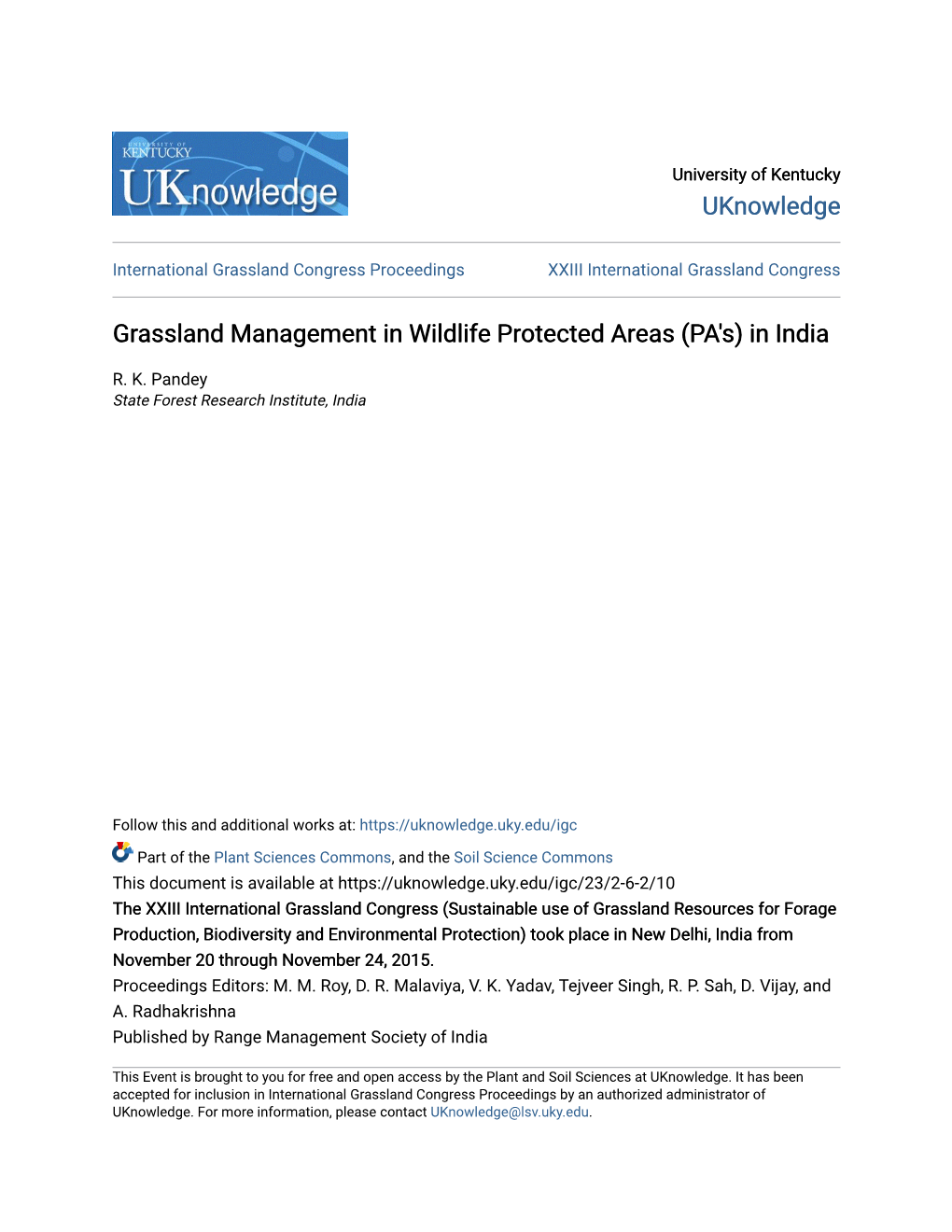 Grassland Management in Wildlife Protected Areas (PA's) in India