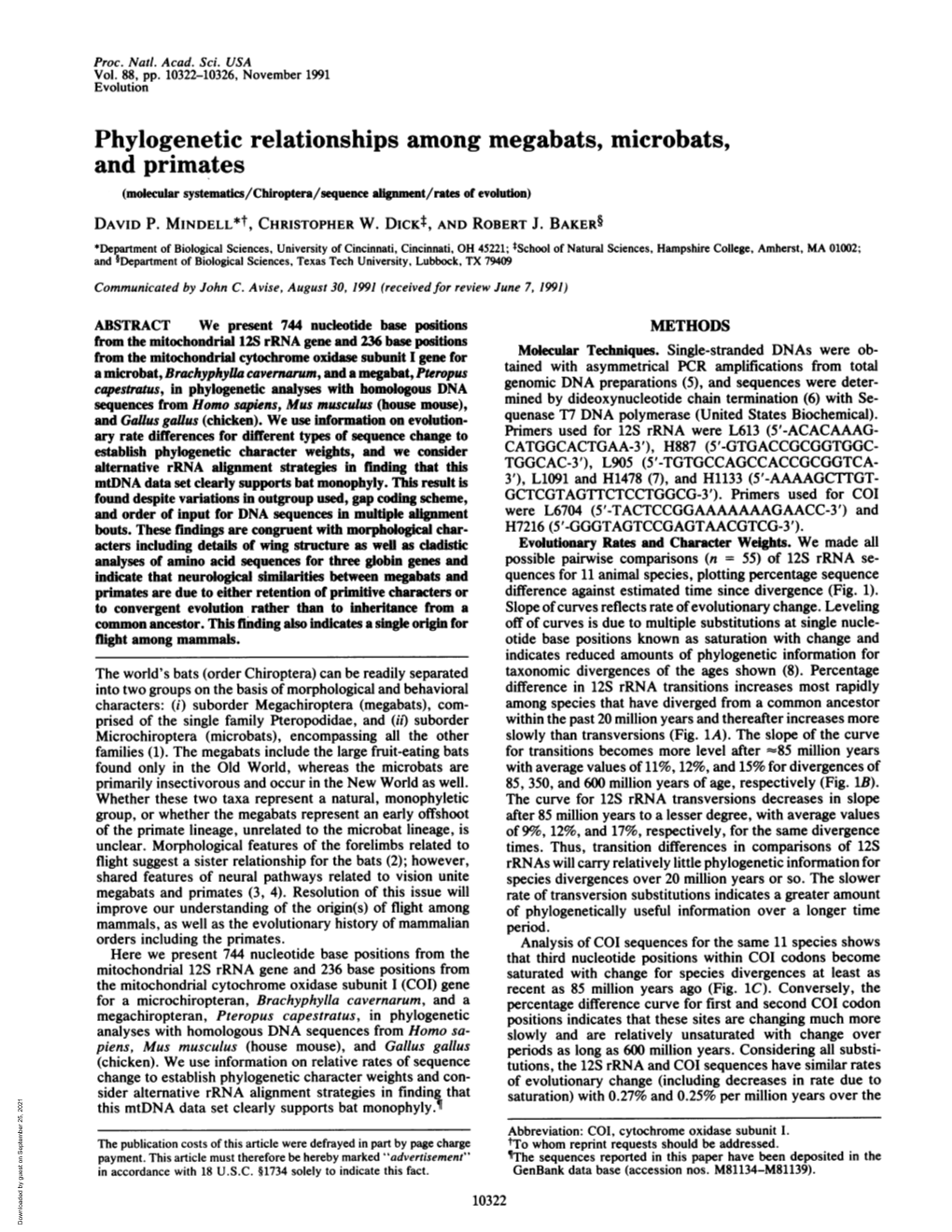 Phylogenetic Relationships Among Megabats, Microbats, and Primates (Molecular Systematics/Chiroptera/Sequence Lint/Rates of Evolution) DAVID P