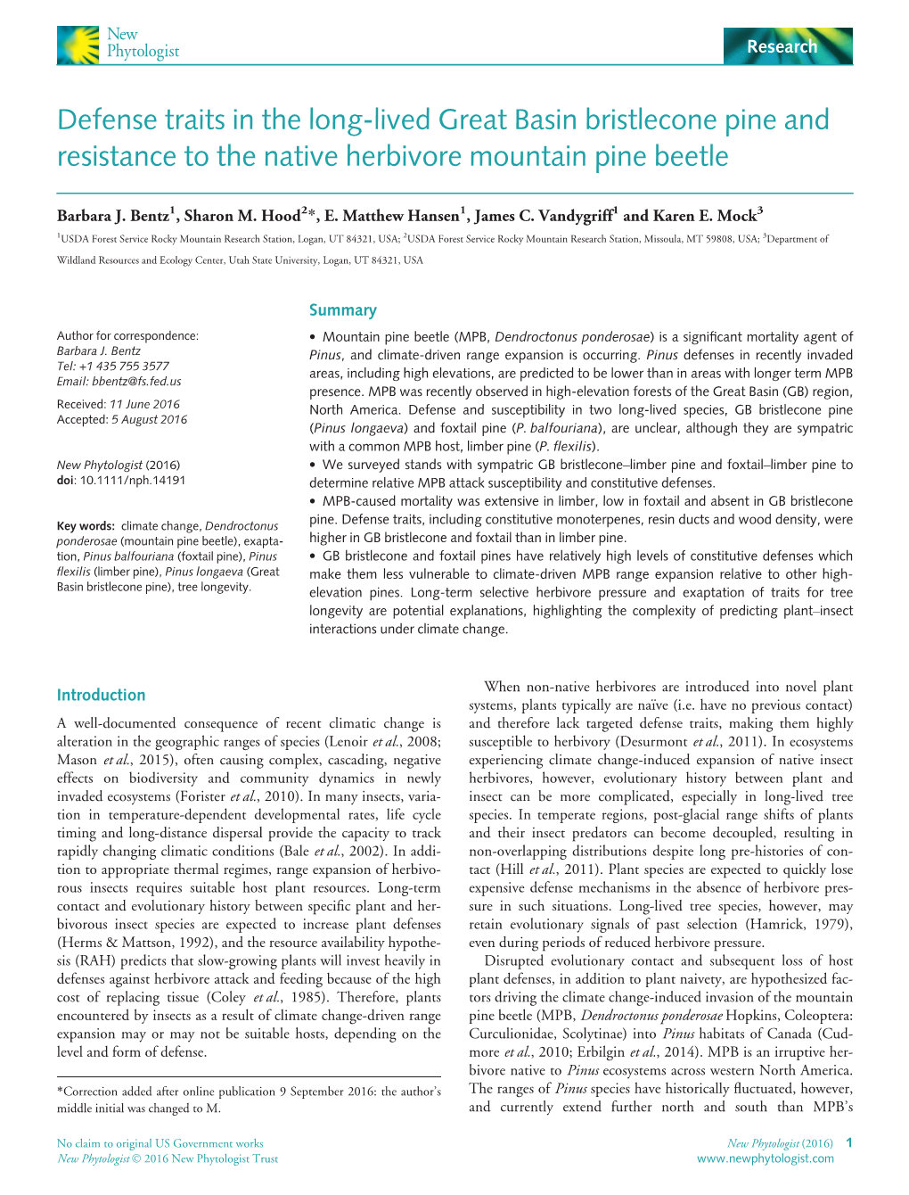 Defense Traits in the Long-Lived Great Basin Bristlecone Pine and Resistance to the Native Herbivore Mountain Pine Beetle