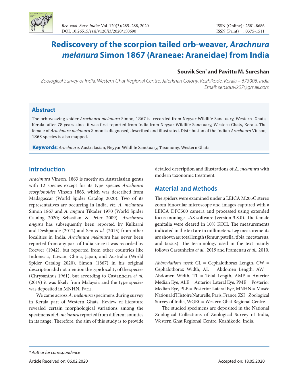 Rediscovery of the Scorpion Tailed Orb-Weaver, Arachnura Melanura Simon 1867 (Araneae: Araneidae) from India