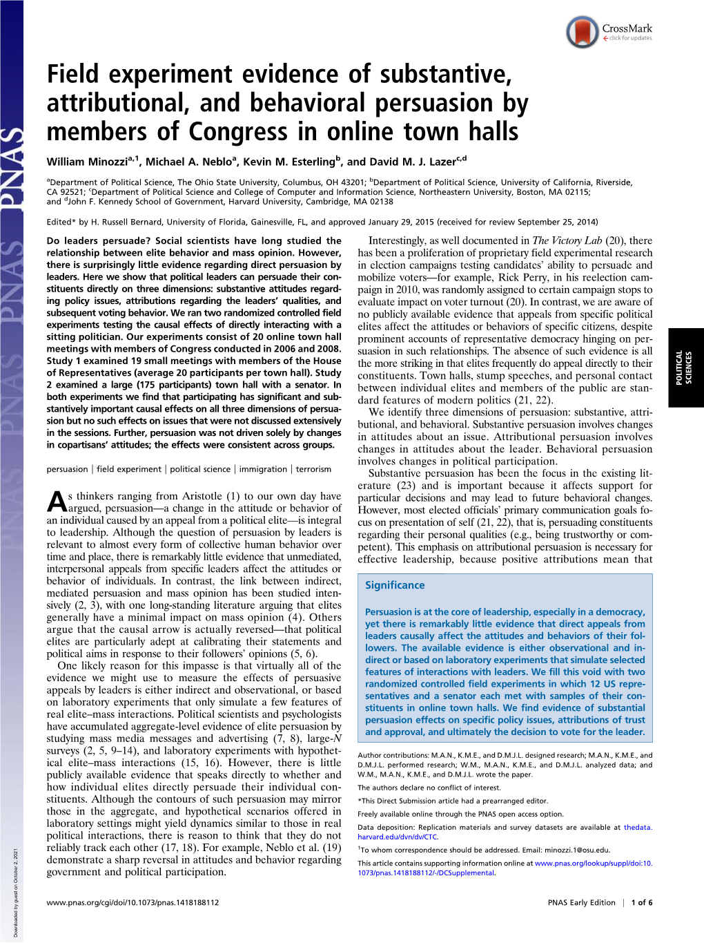 Field Experiment Evidence of Substantive, Attributional, and Behavioral Persuasion by Members of Congress in Online Town Halls