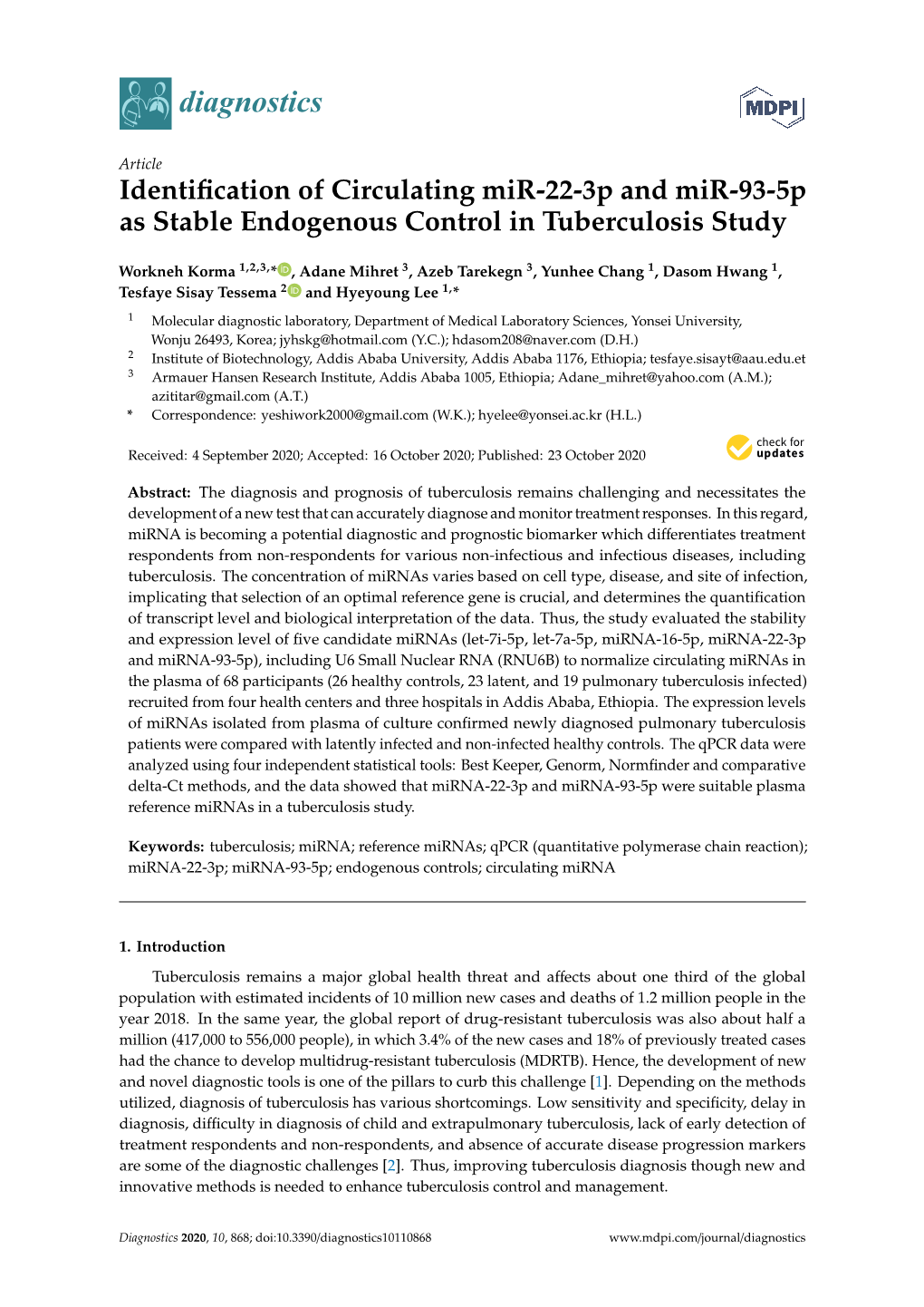 Identification of Circulating Mir-22-3P and Mir-93-5P As Stable Endogenous Control in Tuberculosis Study