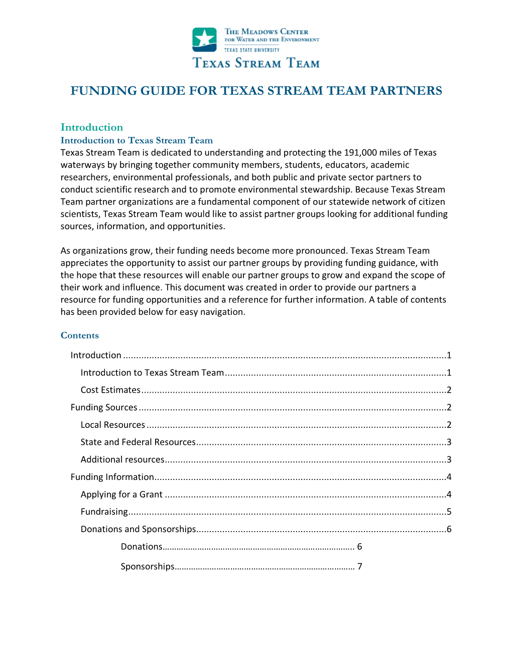 Funding Guide for Texas Stream Team Partners