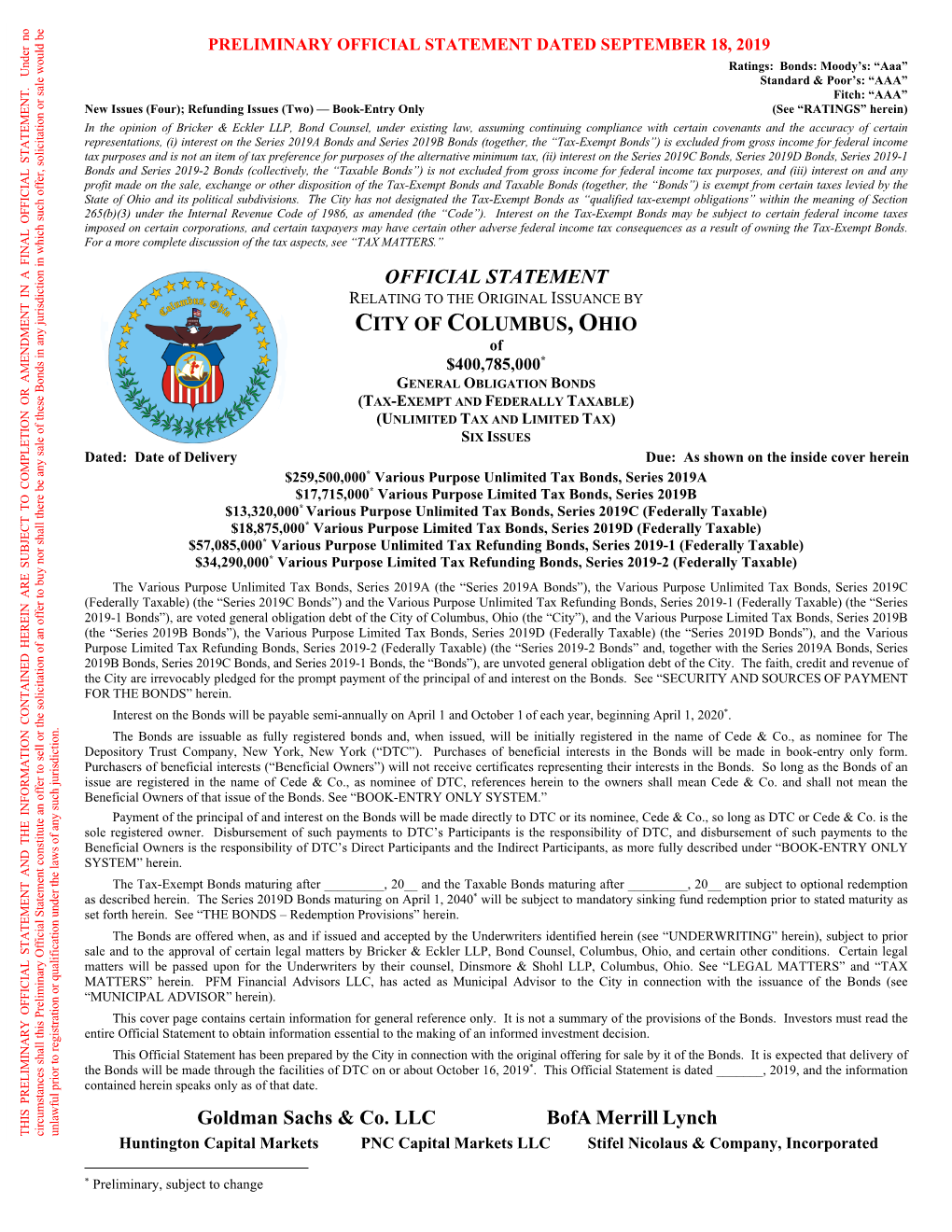 OFFICIAL STATEMENT CITY of COLUMBUS, OHIO Goldman Sachs & Co. LLC Bofa Merrill Lynch