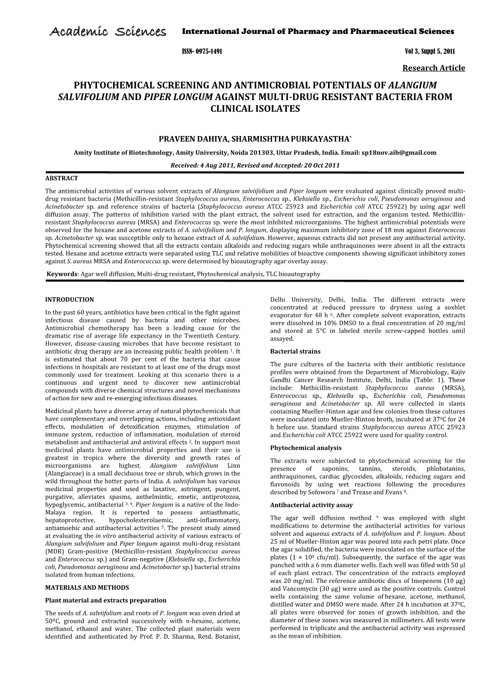 Phytochemical Screening and Antimicrobial Potentials of Alangium Salvifolium and Piper Longum Against Multi-Drug Resistant Bacteria from Clinical Isolates