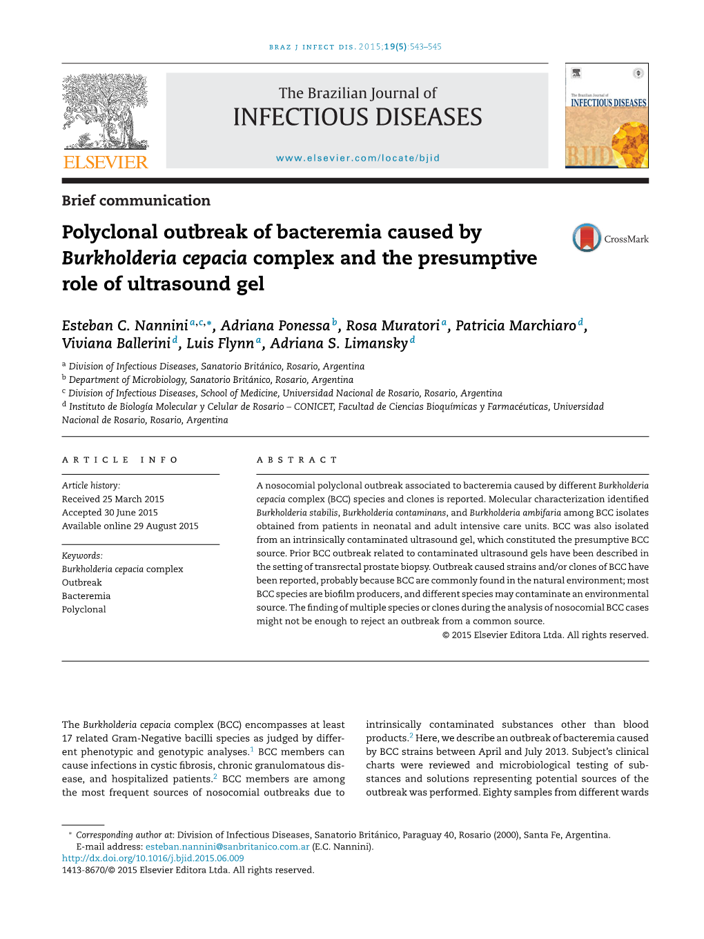 Polyclonal Outbreak of Bacteremia Caused by Burkholderia Cepacia Complex and the Presumptive Role of Ultrasound