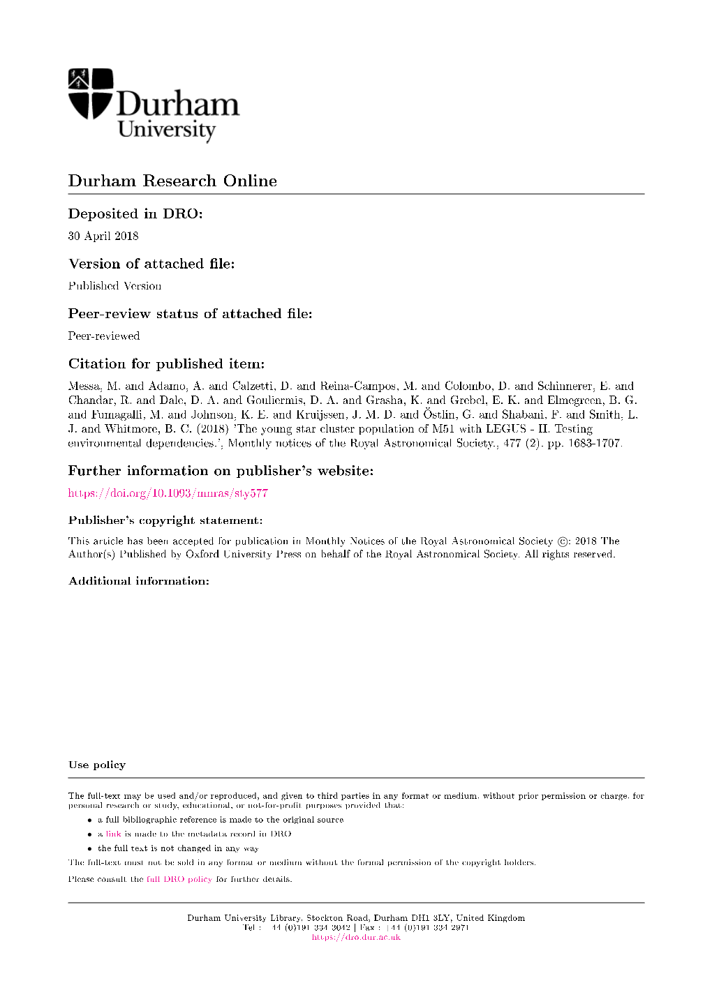 30 April 2018 Version of Attached Le: Published Version Peer-Review Status of Attached Le: Peer-Reviewed Citation for Published Item: Messa, M