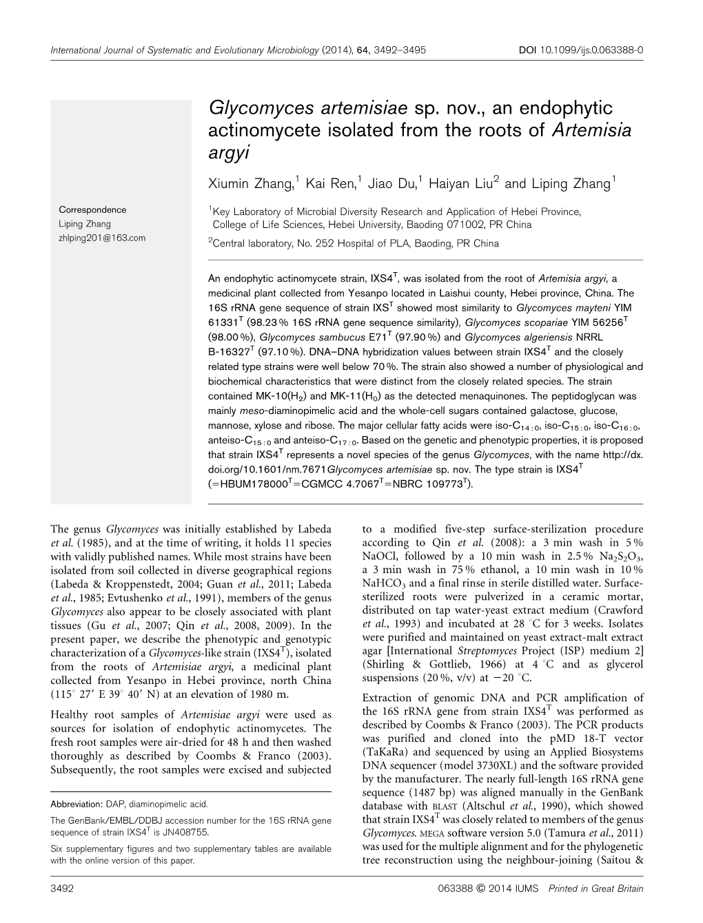 Glycomyces Artemisiae Sp. Nov., an Endophytic Actinomycete Isolated from the Roots of Artemisia Argyi