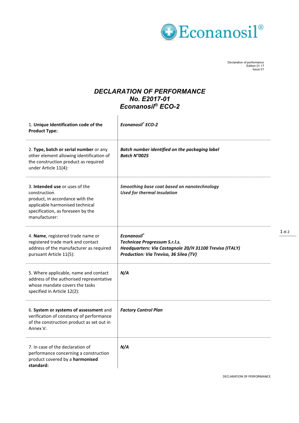 DECLARATION of PERFORMANCE No. E2017-01 Econanosil® ECO-2