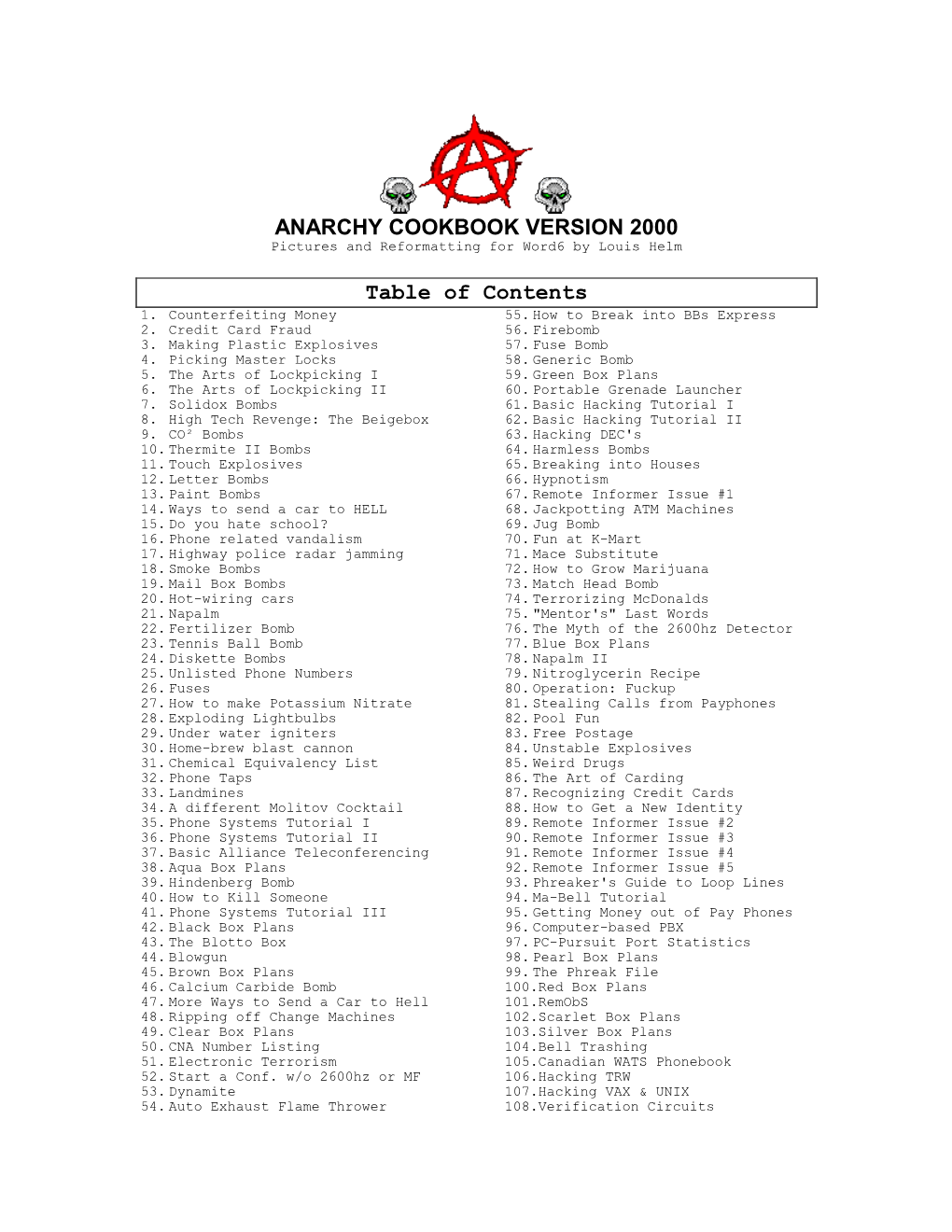 ANARCHY COOKBOOK VERSION 2000 Table of Contents