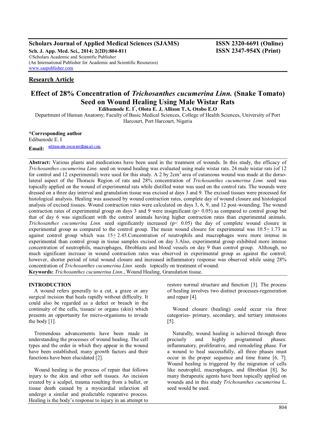 (Snake Tomato) Seed on Wound Healing Using Male Wistar Rats Edibamode E