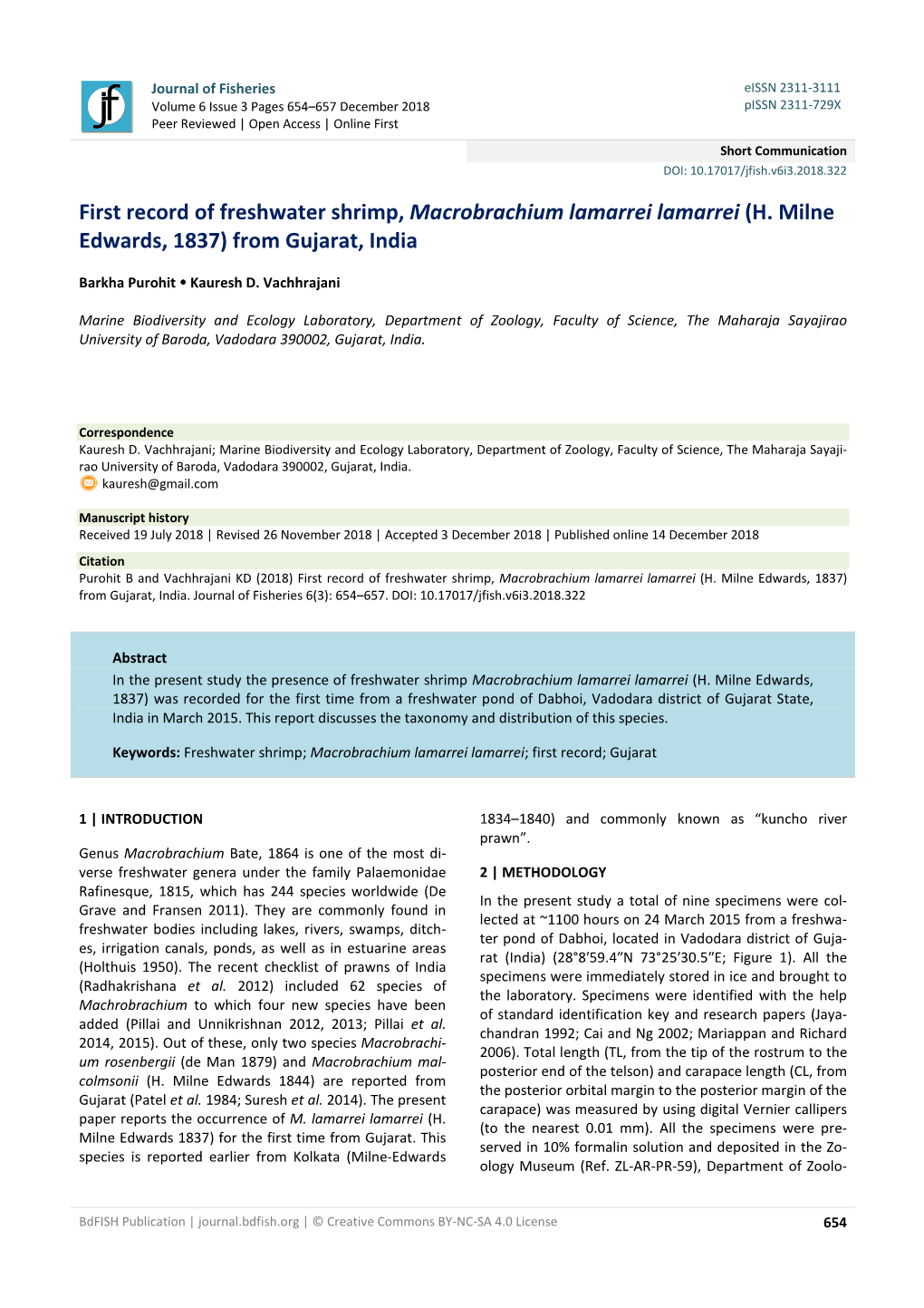 First Record of Freshwater Shrimp, Macrobrachium Lamarrei Lamarrei (H. Milne Edwards, 1837) from Gujarat, India