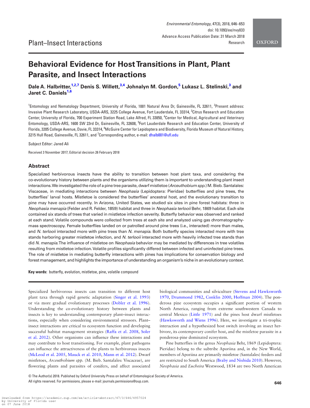 Behavioral Evidence for Host Transitions in Plant, Plant Parasite, and Insect Interactions