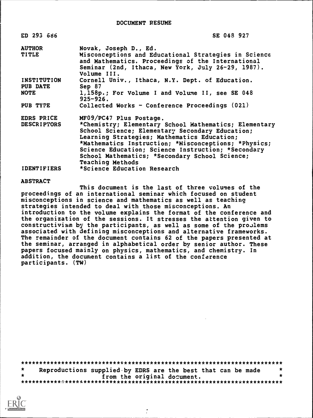 DOCUMENT RESUME ED 293 686 SE 048 927 AUTHOR Novak