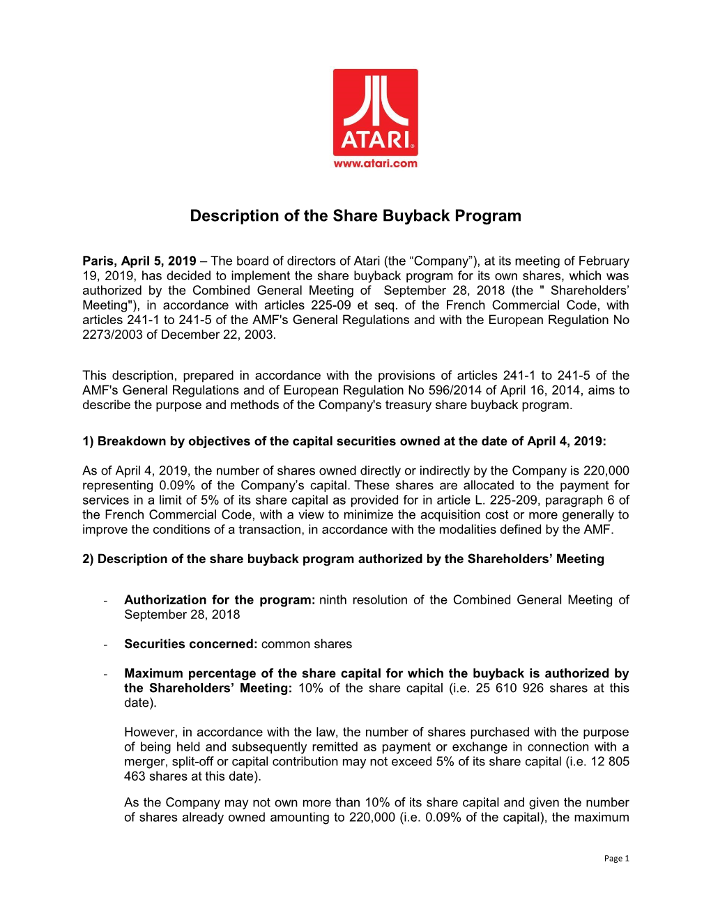 Description of the Share Buyback Program