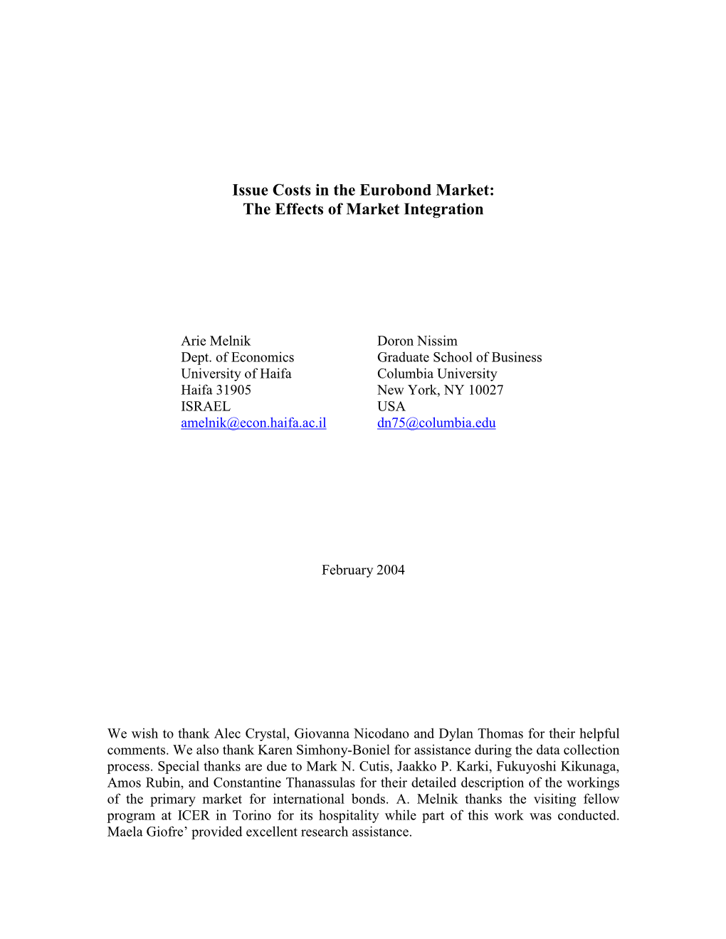 Issue Costs in the Eurobond Market: the Effects of Market Integration