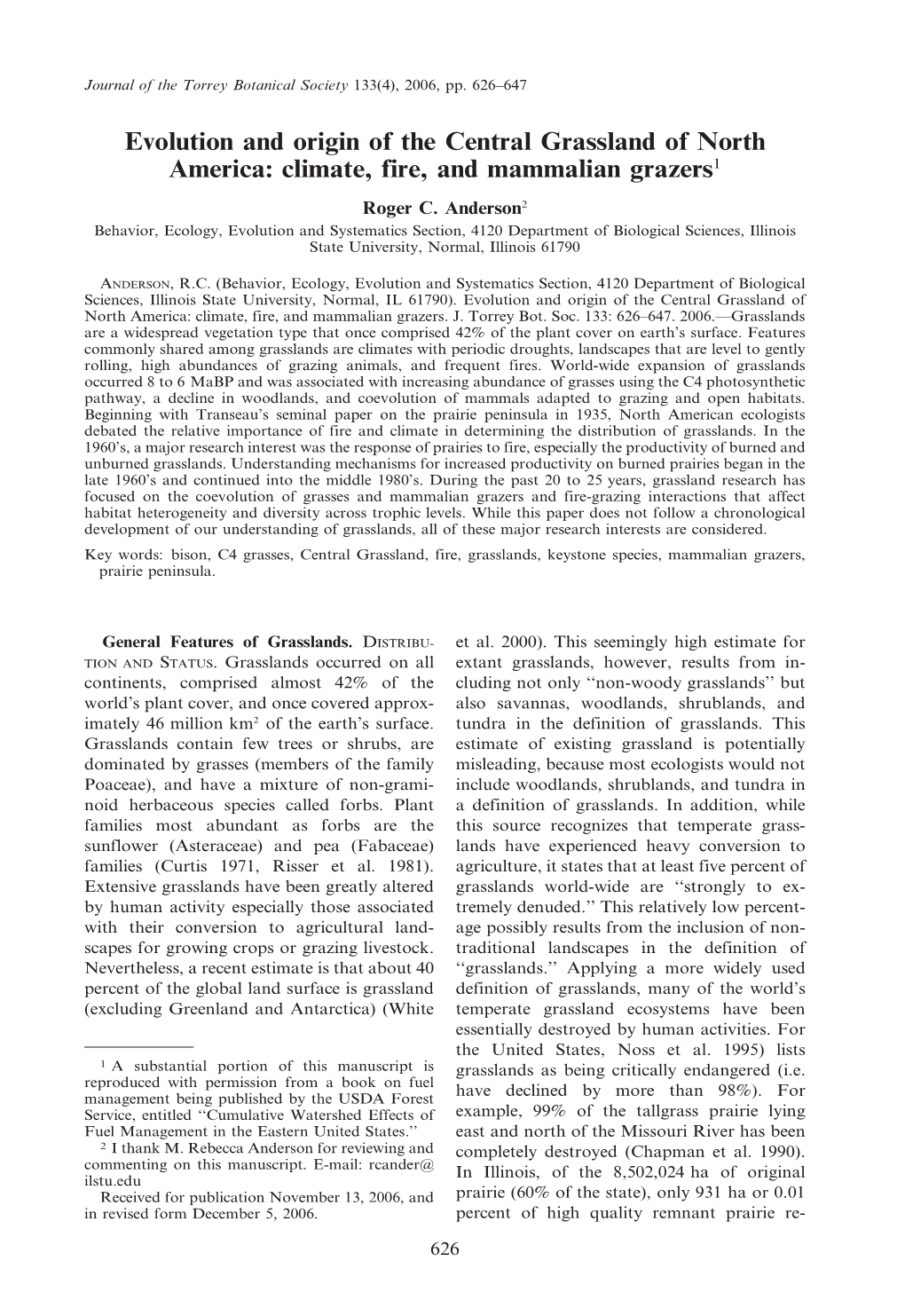 Evolution and Origin of the Central Grassland of North America: Climate, Fire, and Mammalian Grazers1 Roger C