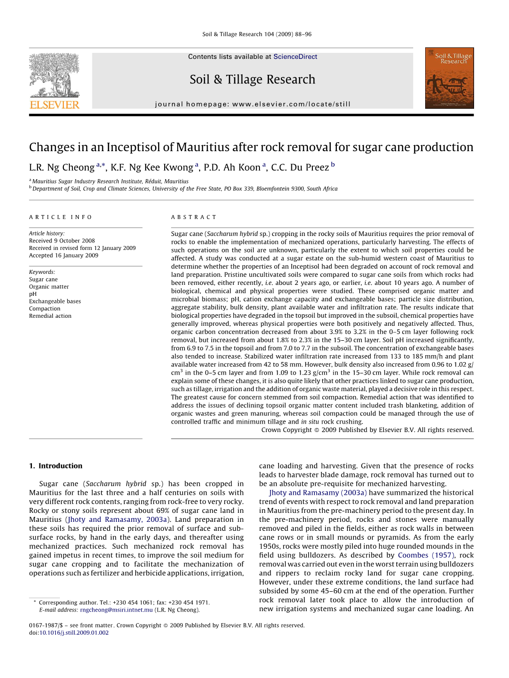 Changes in an Inceptisol of Mauritius After Rock Removal for Sugar Cane Production