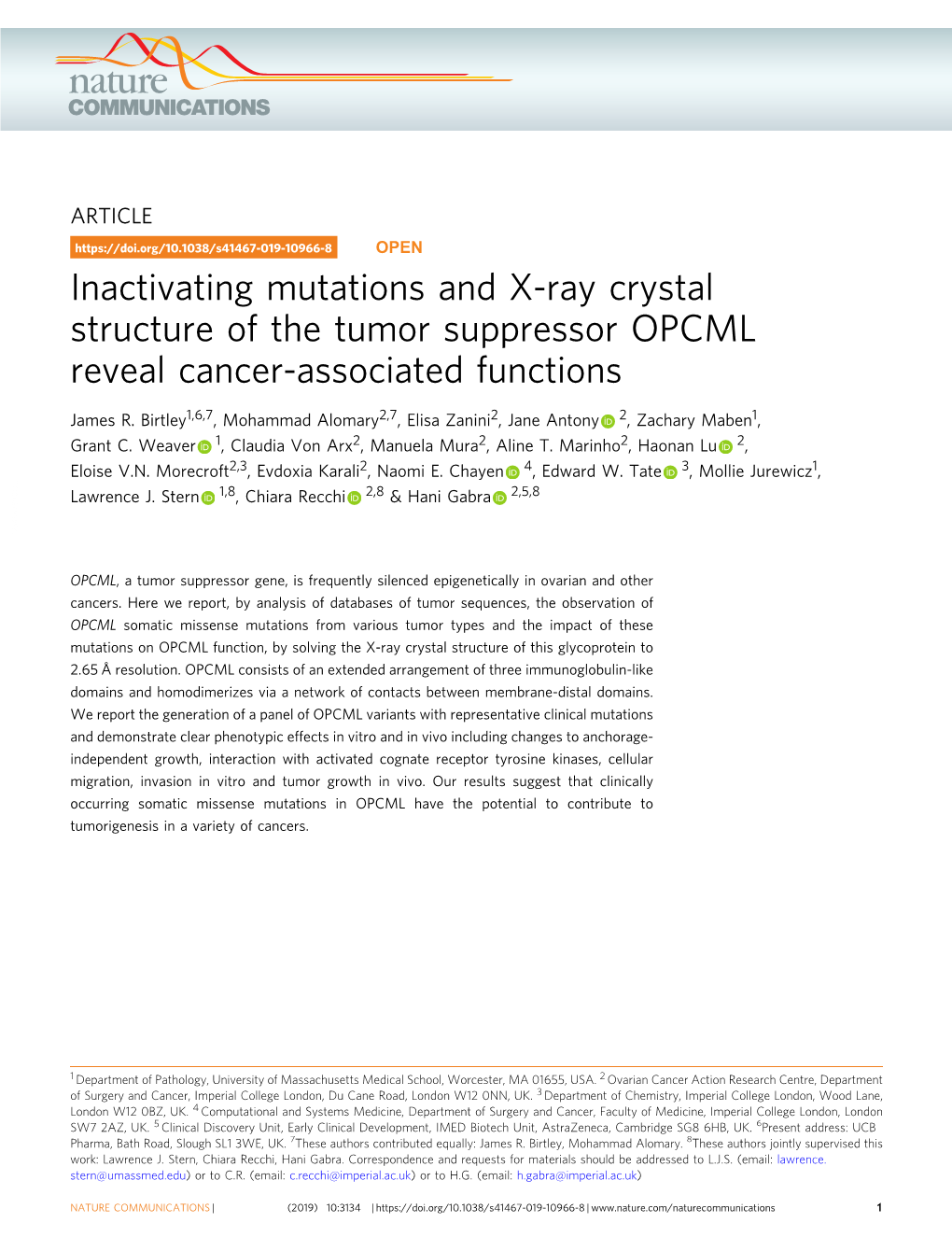 Inactivating Mutations and X-Ray Crystal Structure of the Tumor Suppressor OPCML Reveal Cancer-Associated Functions