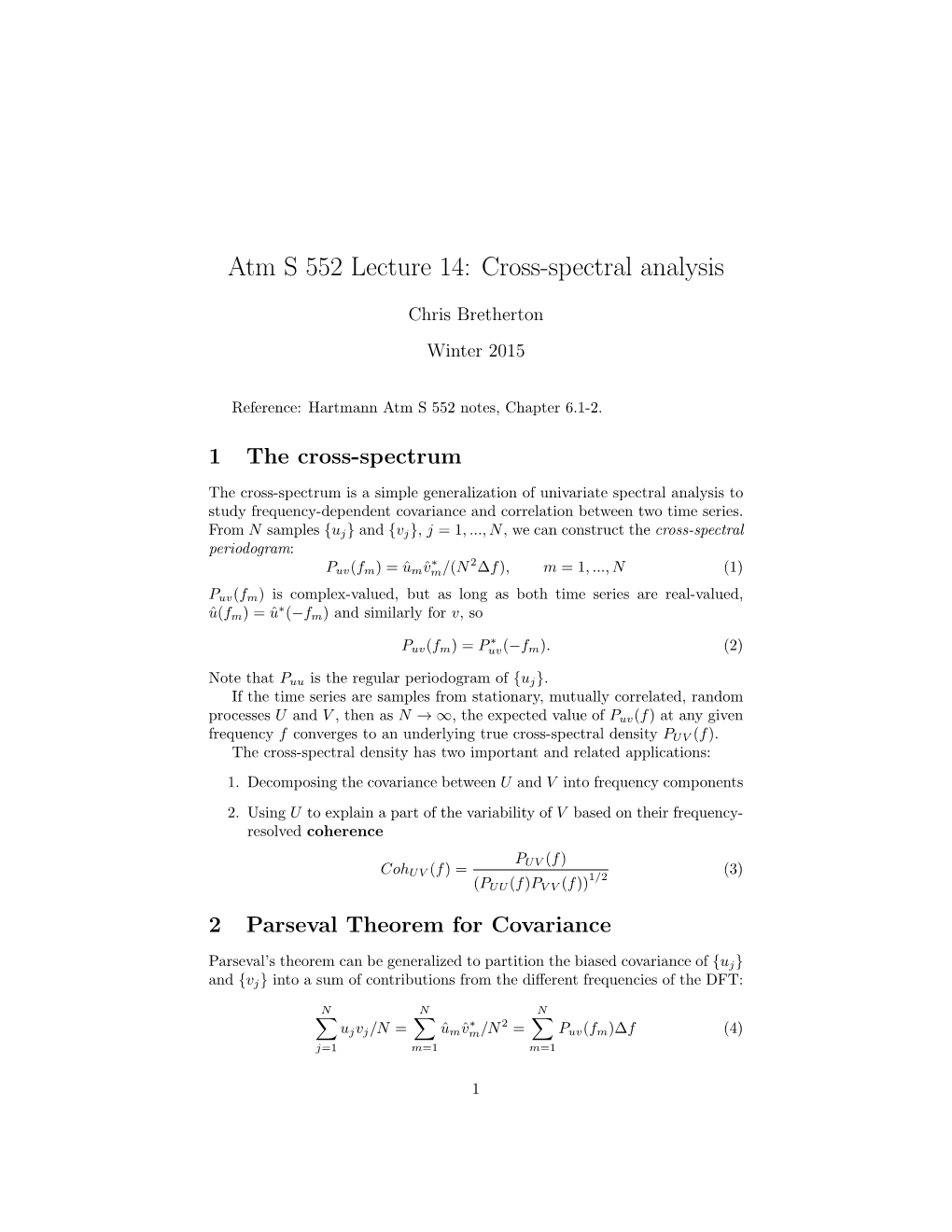 Atm S 552 Lecture 14: Cross-Spectral Analysis