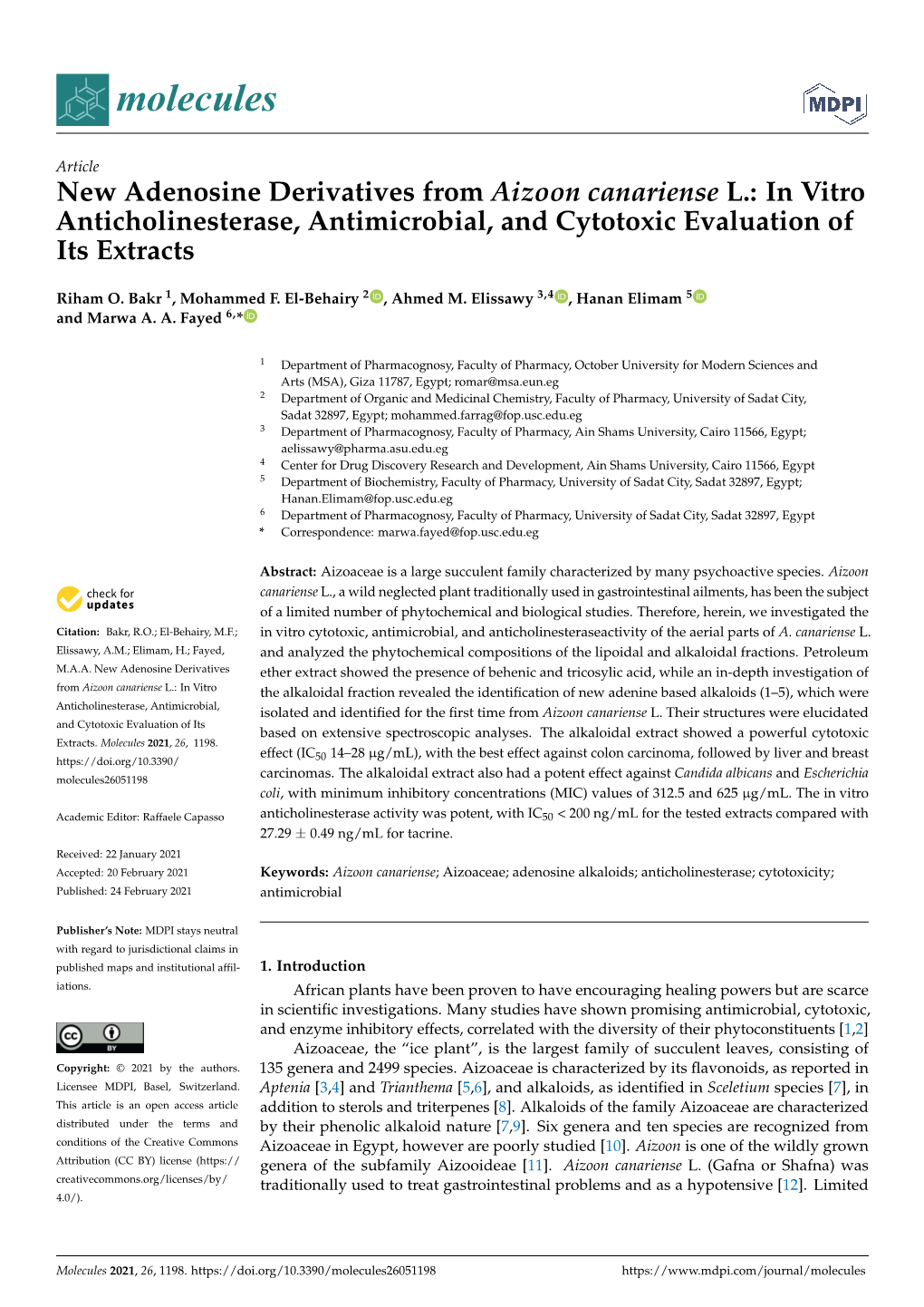 New Adenosine Derivatives from Aizoon Canariense L.: in Vitro Anticholinesterase, Antimicrobial, and Cytotoxic Evaluation of Its Extracts