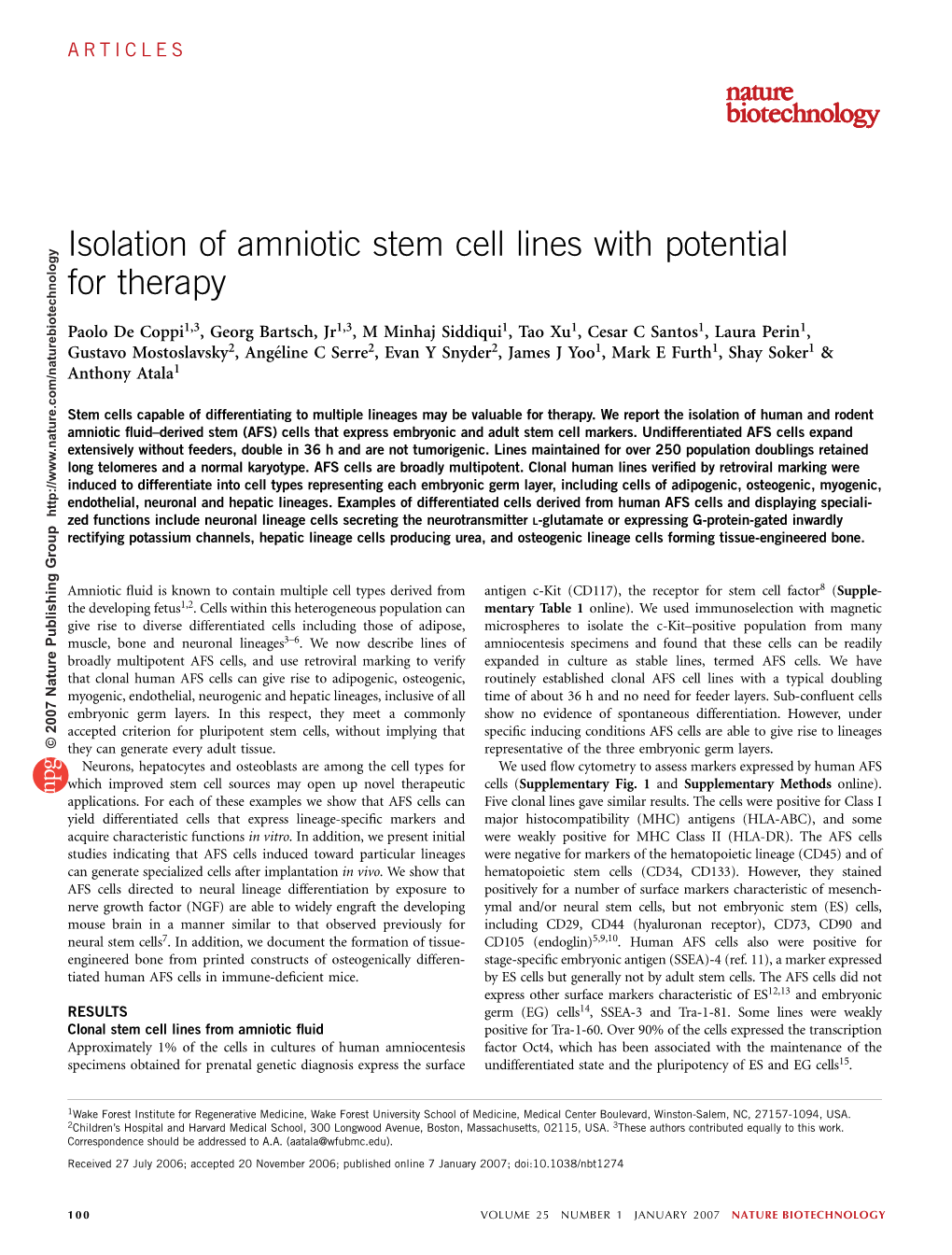 Isolation of Amniotic Stem Cell Lines with Potential for Therapy