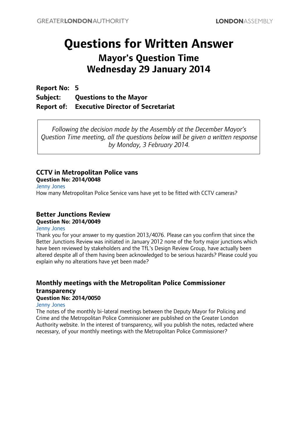 Questions for Written Answer Mayor's Question Time Wednesday 29 January 2014